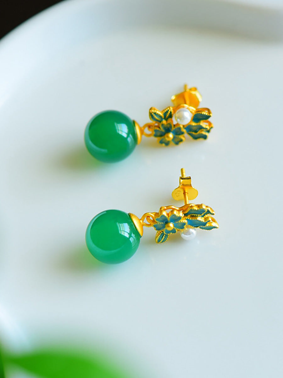 Women Vintage S925Silver Jade Enamel Flower Earrings
