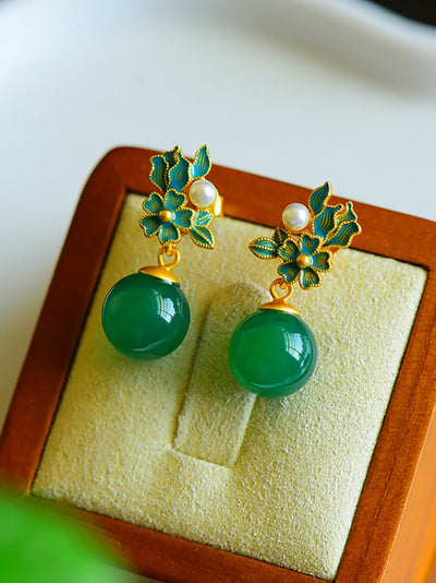Women Vintage S925Silver Jade Enamel Flower Earrings