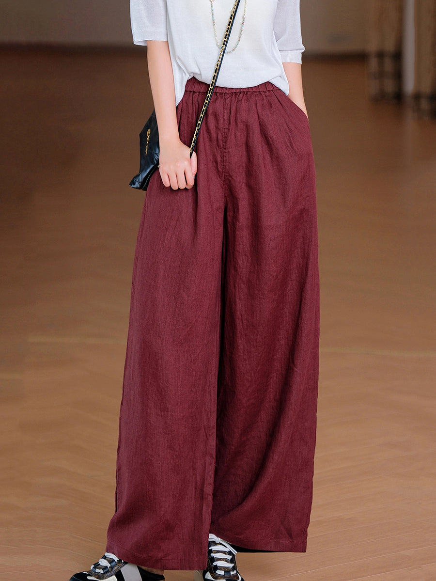 Women Summer Pure Color 100%Linen Straight Pants