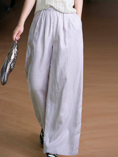 Women Summer Pure Color 100%Linen Straight Pants