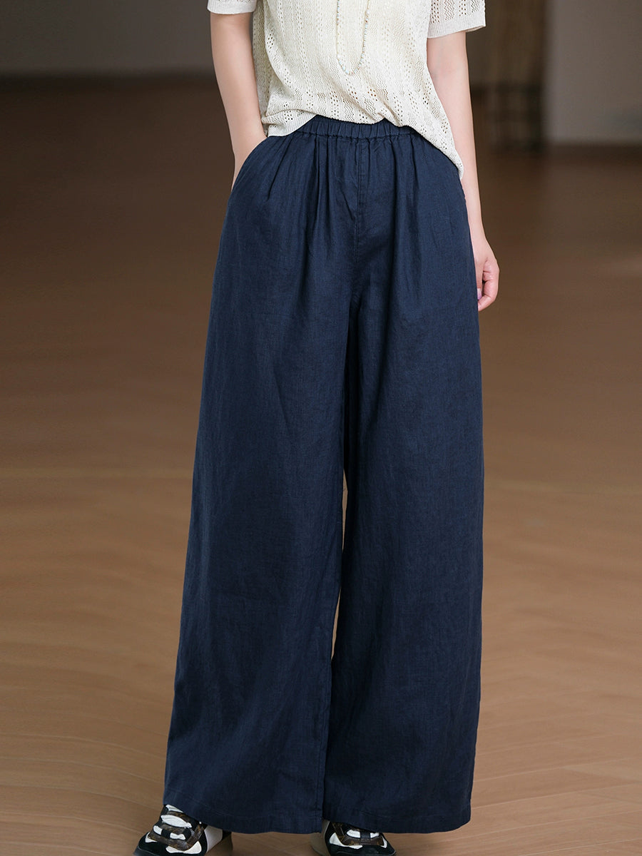 Women Summer Pure Color 100%Linen Straight Pants
