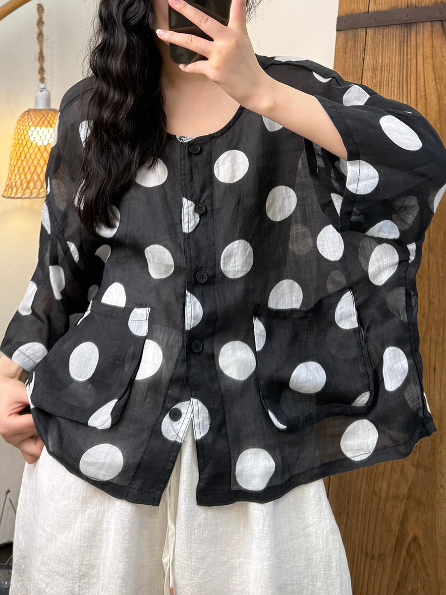 Women Summer Casual Dot O-Neck Ramie Shirt