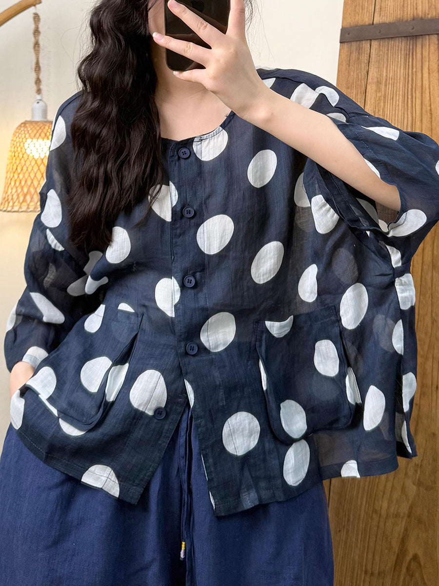 Women Summer Casual Dot O-Neck Ramie Shirt