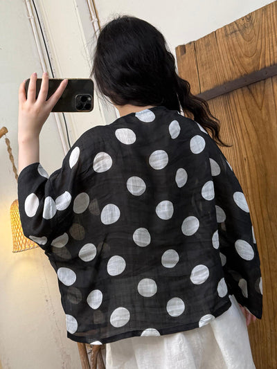 Women Summer Casual Dot O-Neck Ramie Shirt