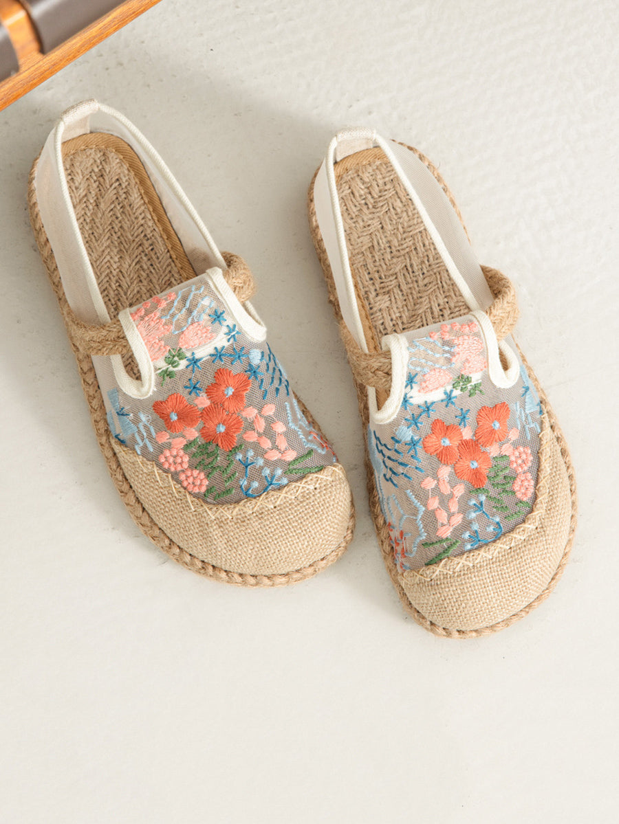 Women Summer Ethnic Flower Embroidery Linen Shoes