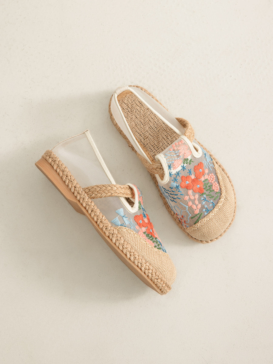 Women Summer Ethnic Flower Embroidery Linen Shoes