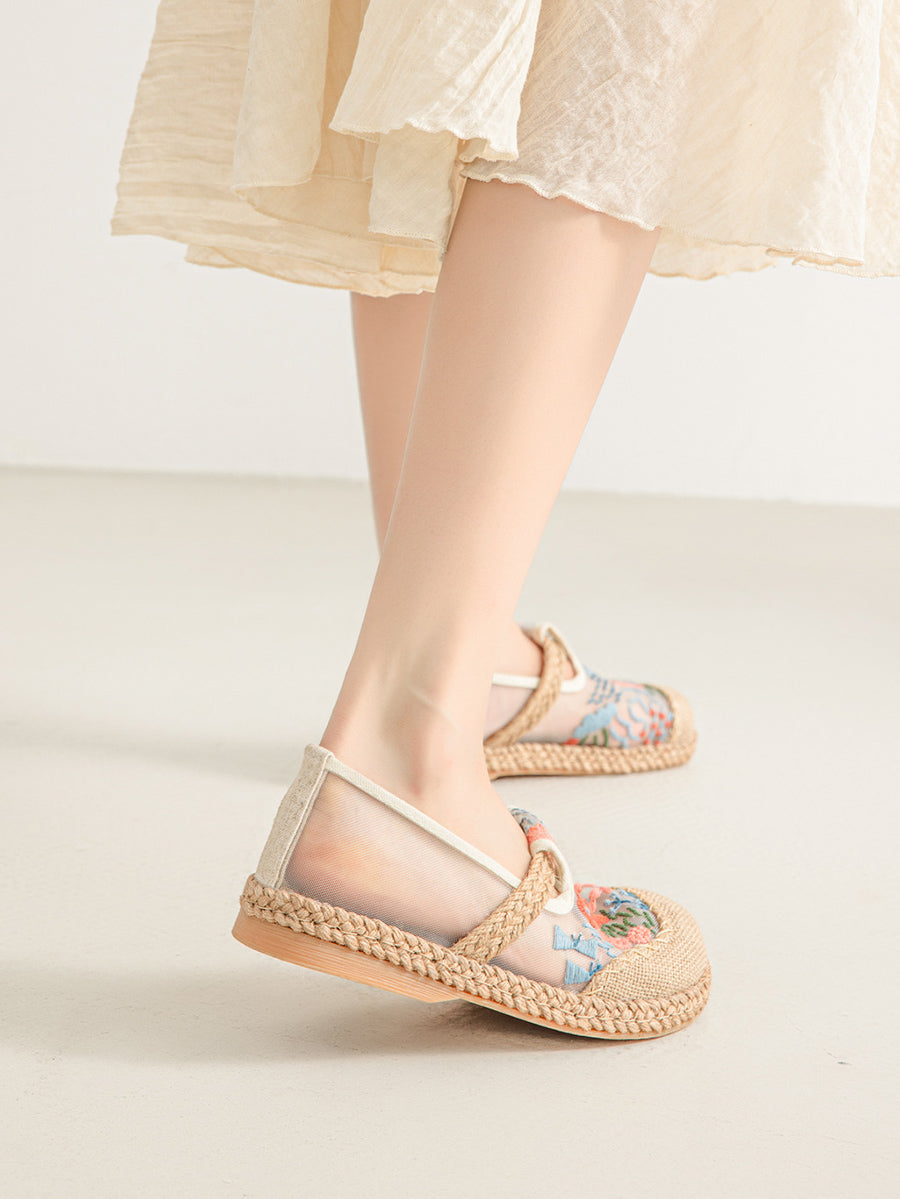 Women Summer Ethnic Flower Embroidery Linen Shoes