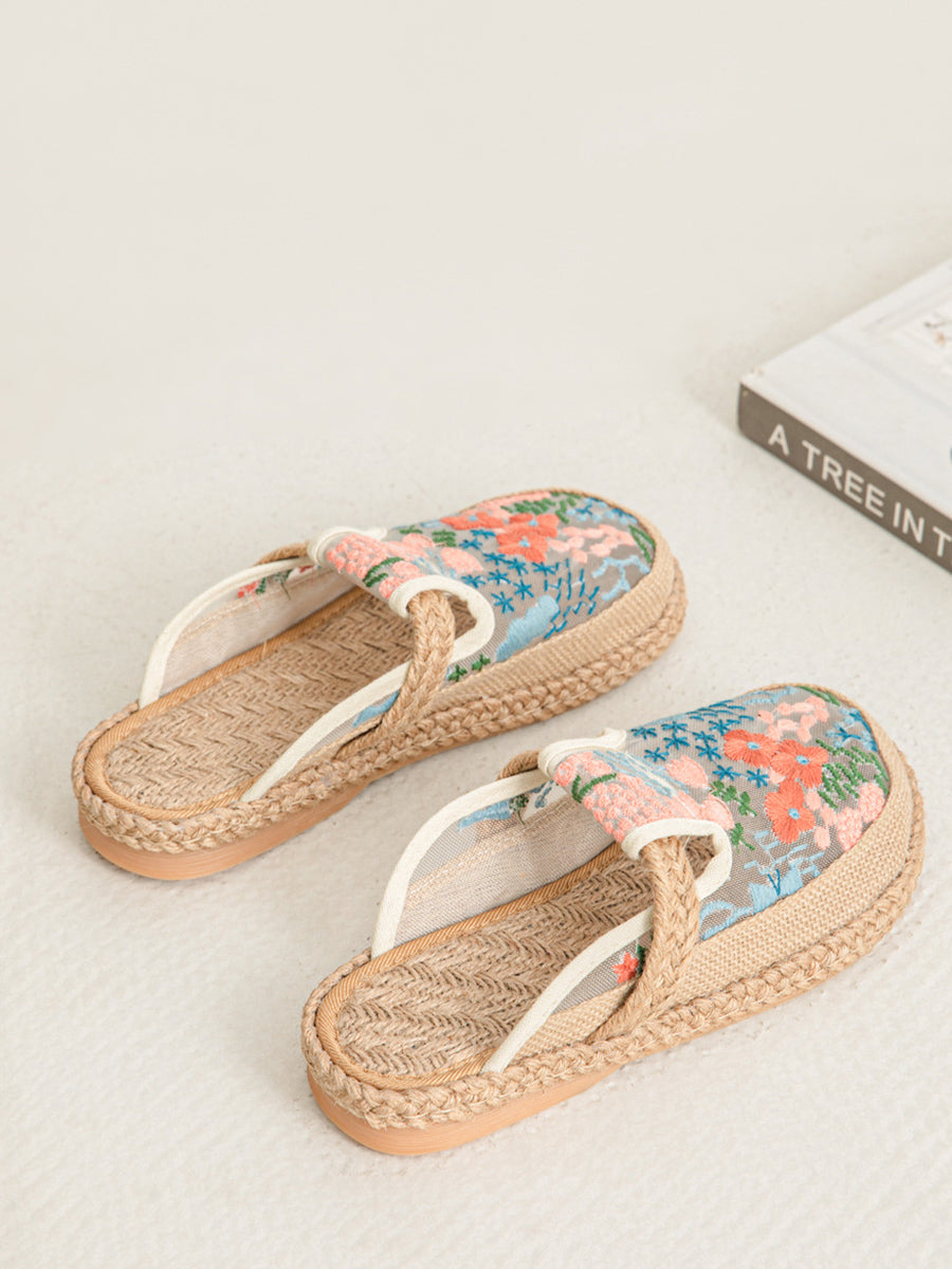 Women Summer Ethnic Flower Embroidery Linen Shoes