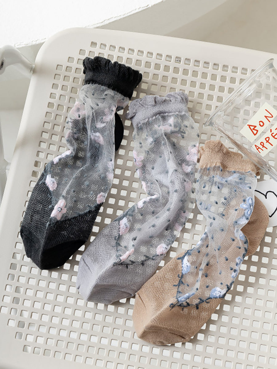 3 Pairs Women Artsy Flower Jacquard Lace Socks