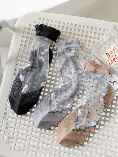 3 Pairs Women Artsy Flower Jacquard Lace Socks
