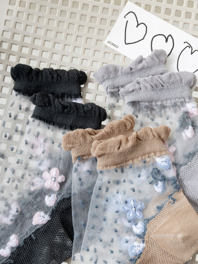 3 Pairs Women Artsy Flower Jacquard Lace Socks