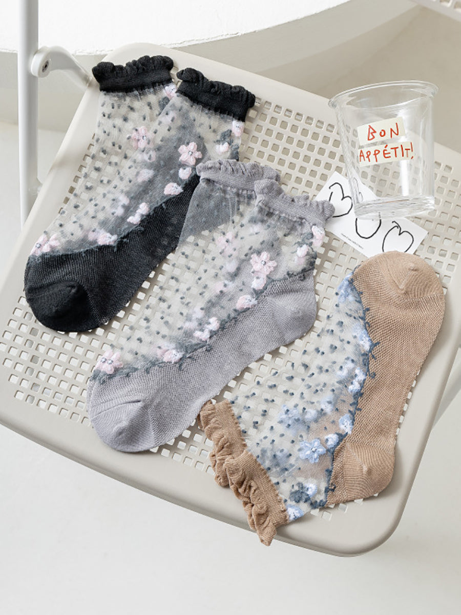 3 Pairs Women Artsy Flower Jacquard Lace Socks