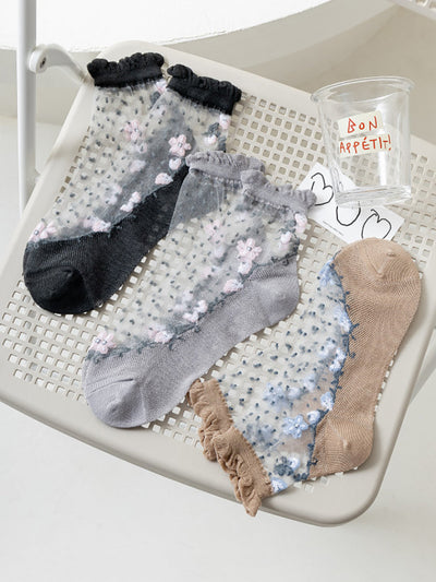 3 Pairs Women Artsy Flower Jacquard Lace Socks