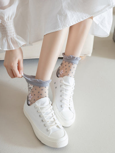 3 Pairs Women Artsy Flower Jacquard Lace Socks