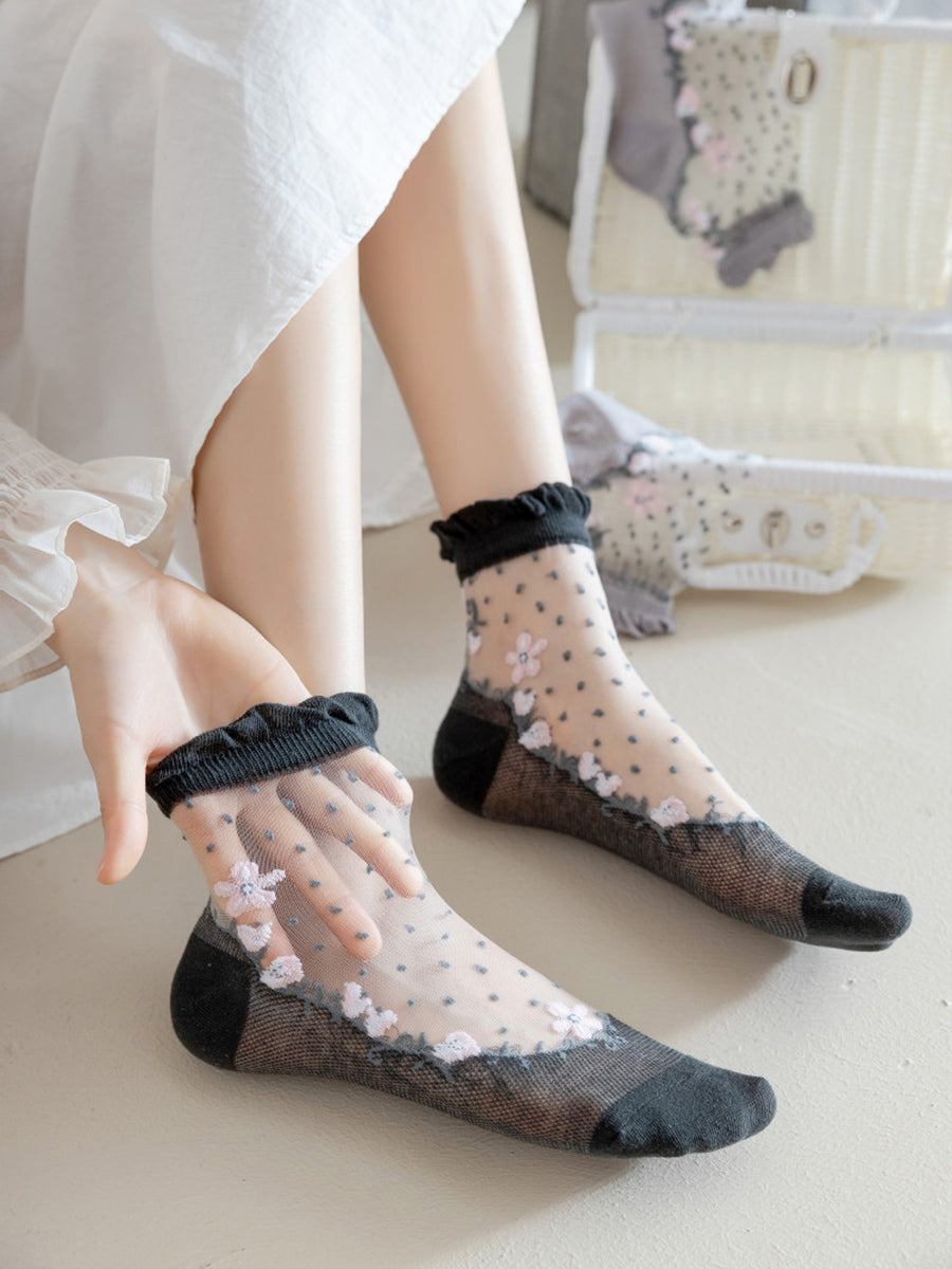 3 Pairs Women Artsy Flower Jacquard Lace Socks
