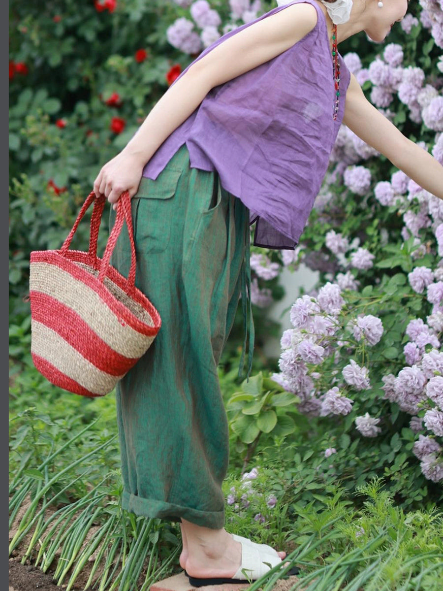 Plus Size Women Summer Pure Color 100%Linen Wide-leg Pants