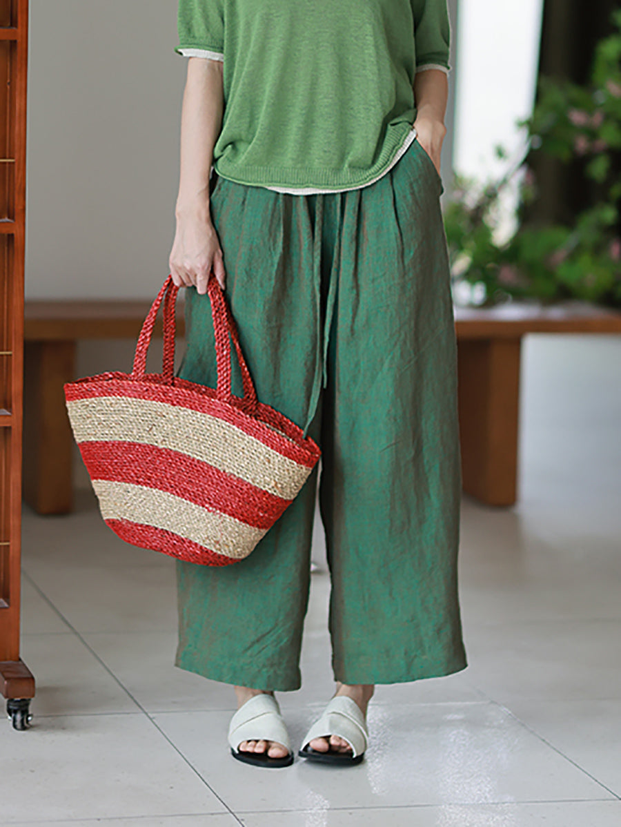 Plus Size Women Summer Pure Color 100%Linen Wide-leg Pants