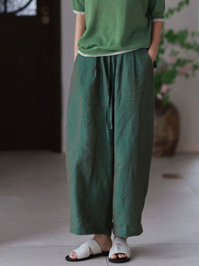 Plus Size Women Summer Pure Color 100%Linen Wide-leg Pants