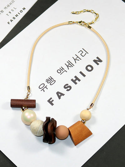 Women Artsy Wooden Geometric Pandent Necklace