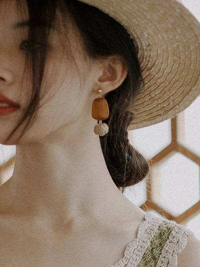 Women Bohemia Wooden Straw Weave Ball Earrings