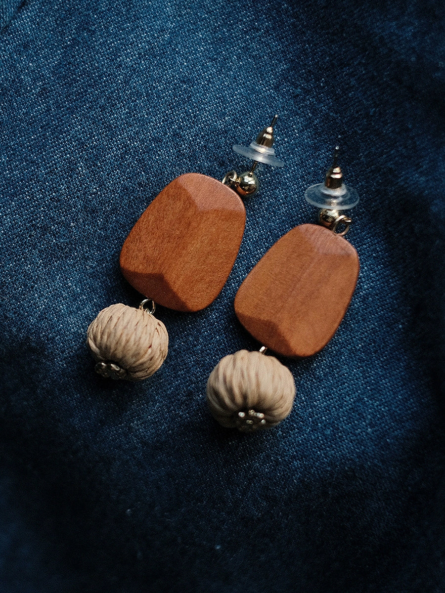 Women Bohemia Wooden Straw Weave Ball Earrings