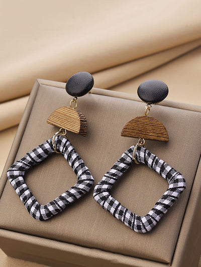 Women Ethnic Wooden Cloth Square S925Silver Earrings