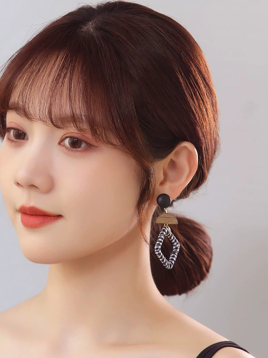 Women Ethnic Wooden Cloth Square S925Silver Earrings