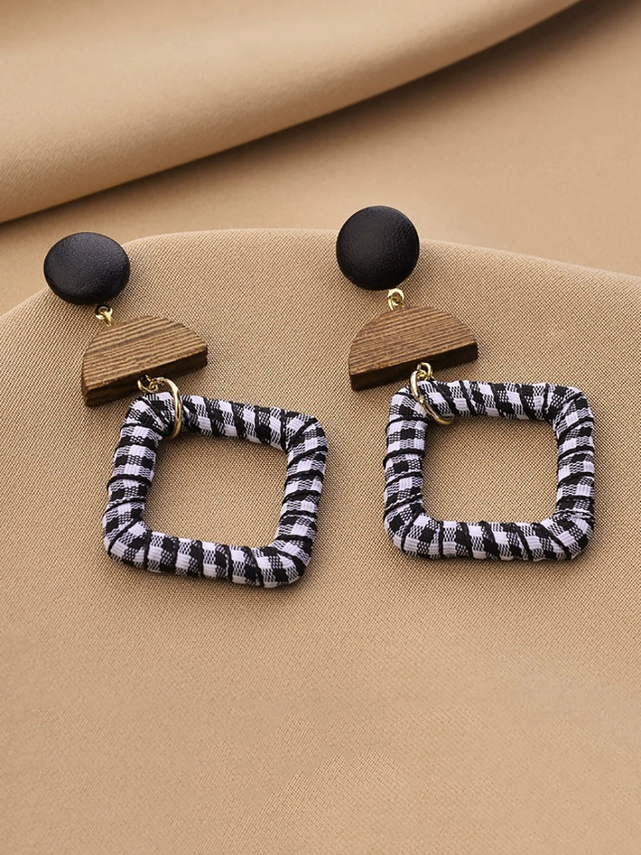 Women Ethnic Wooden Cloth Square S925Silver Earrings