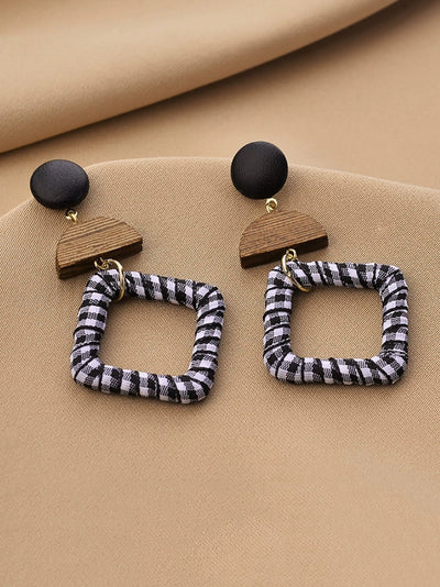 Women Ethnic Wooden Cloth Square S925Silver Earrings