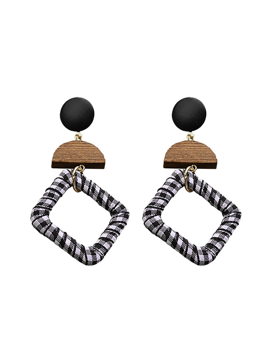 Women Ethnic Wooden Cloth Square S925Silver Earrings