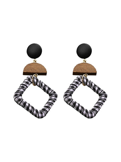 Women Ethnic Wooden Cloth Square S925Silver Earrings