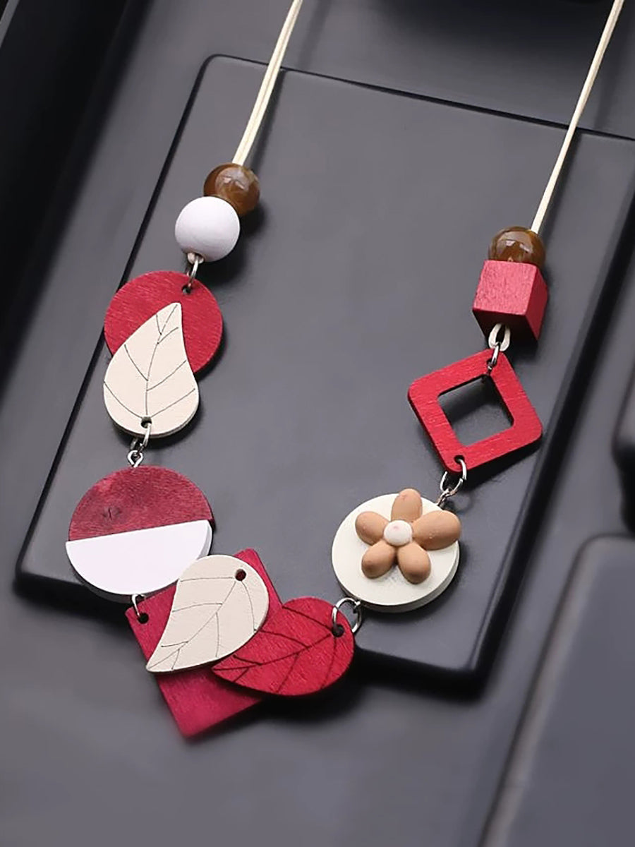 Women Fashion Geometric Wooden Weave Necklace