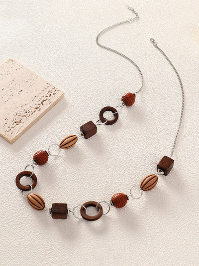 Women Vintage Geometric Wooden Plastic Alloy Necklace