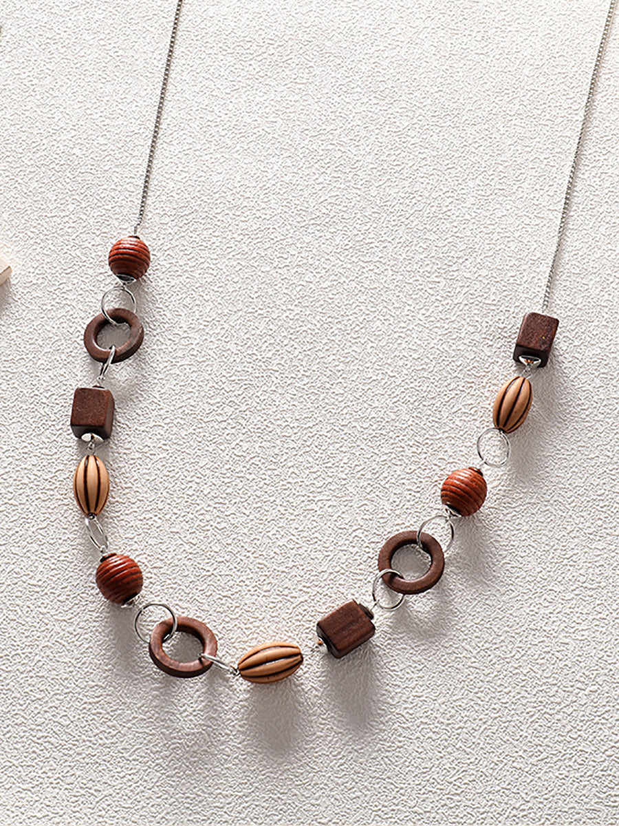 Women Vintage Geometric Wooden Plastic Alloy Necklace