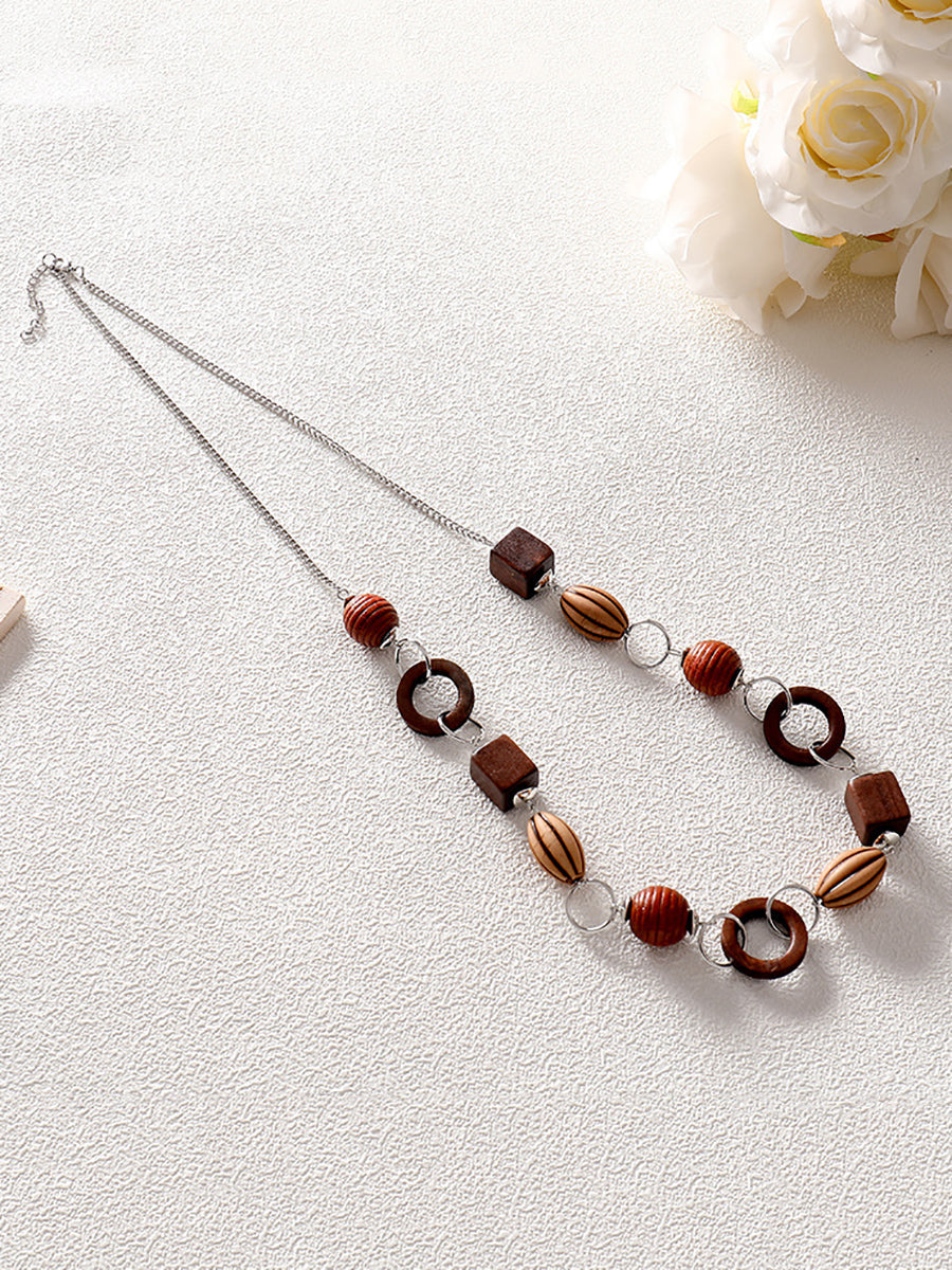 Women Vintage Geometric Wooden Plastic Alloy Necklace