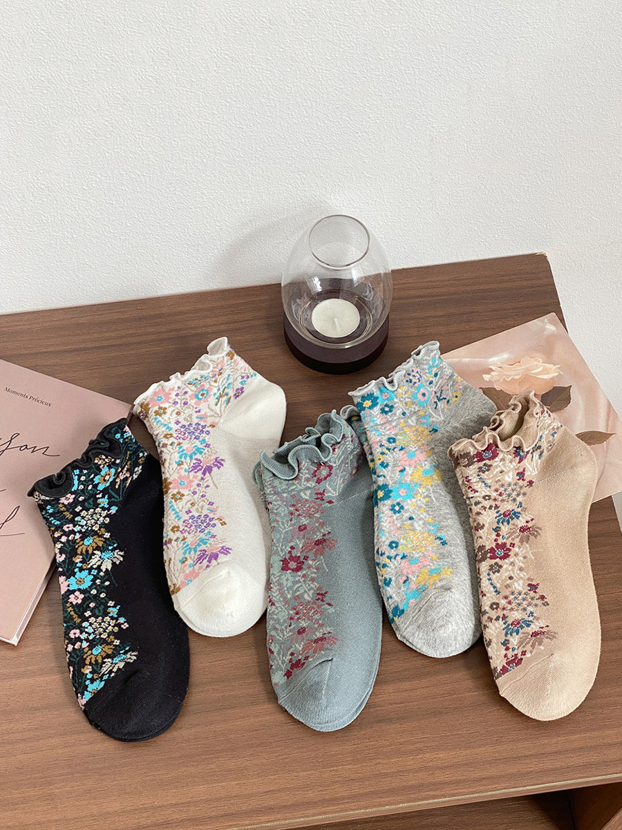 5 Pairs Women Summer Flower Jacquard Short Socks