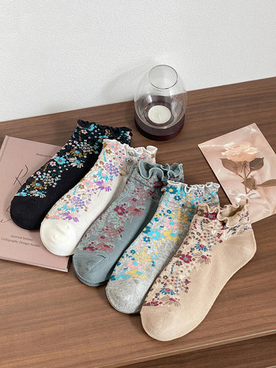 5 Pairs Women Summer Flower Jacquard Short Socks