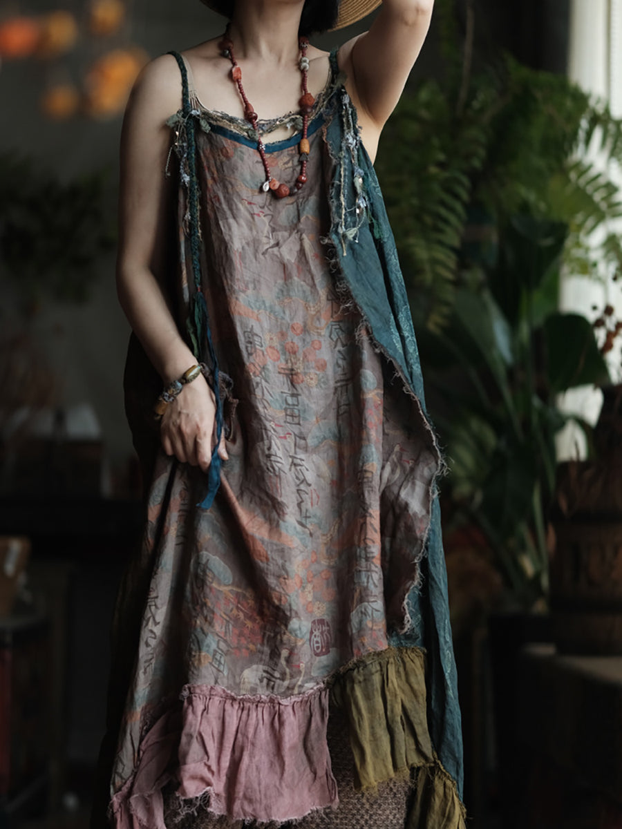 Women Summer Patch Spliced O-Neck 100%Ramie Vest Dress