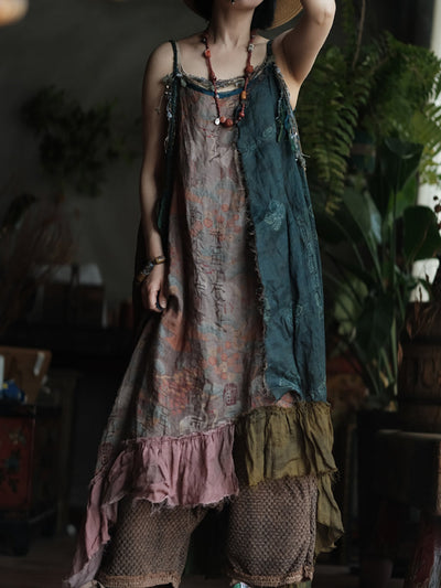 Women Summer Patch Spliced O-Neck 100%Ramie Vest Dress