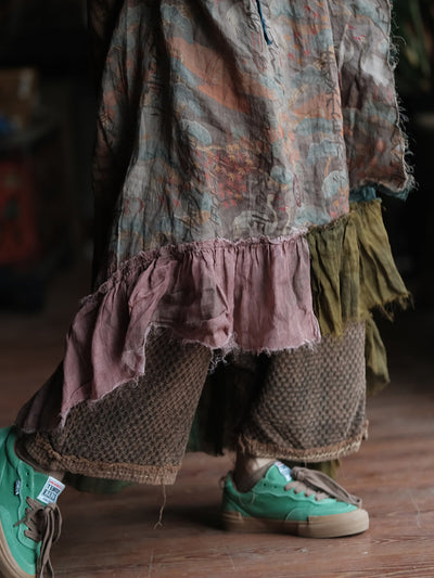 Women Summer Patch Spliced O-Neck 100%Ramie Vest Dress