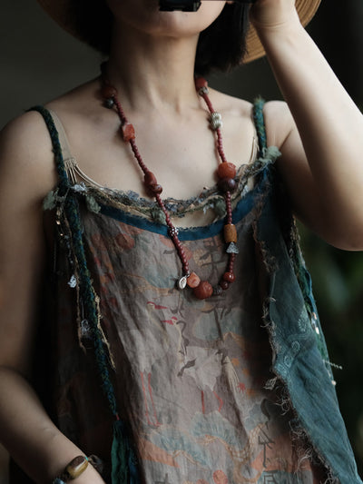 Women Summer Patch Spliced O-Neck 100%Ramie Vest Dress