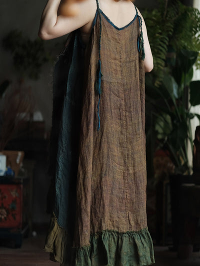 Women Summer Patch Spliced O-Neck 100%Ramie Vest Dress