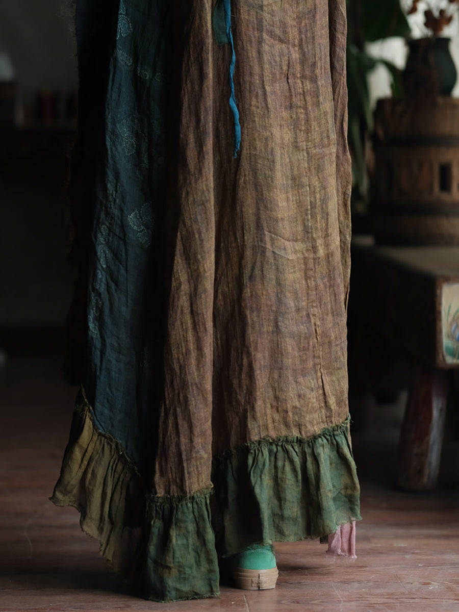 Women Summer Patch Spliced O-Neck 100%Ramie Vest Dress