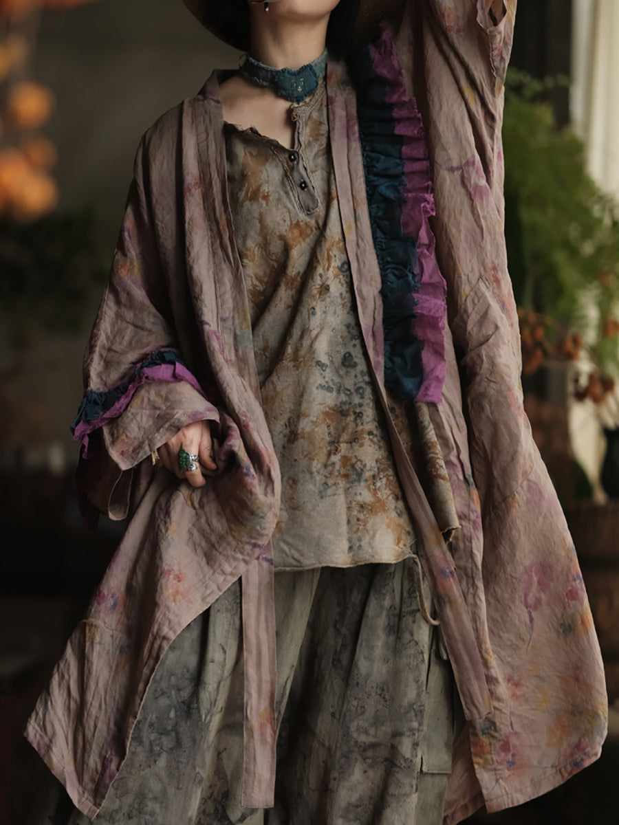 Women Summer Vintage Flower V-Neck Ramie Shirt Coat