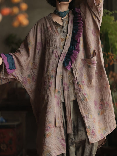 Women Summer Vintage Flower V-Neck Ramie Shirt Coat