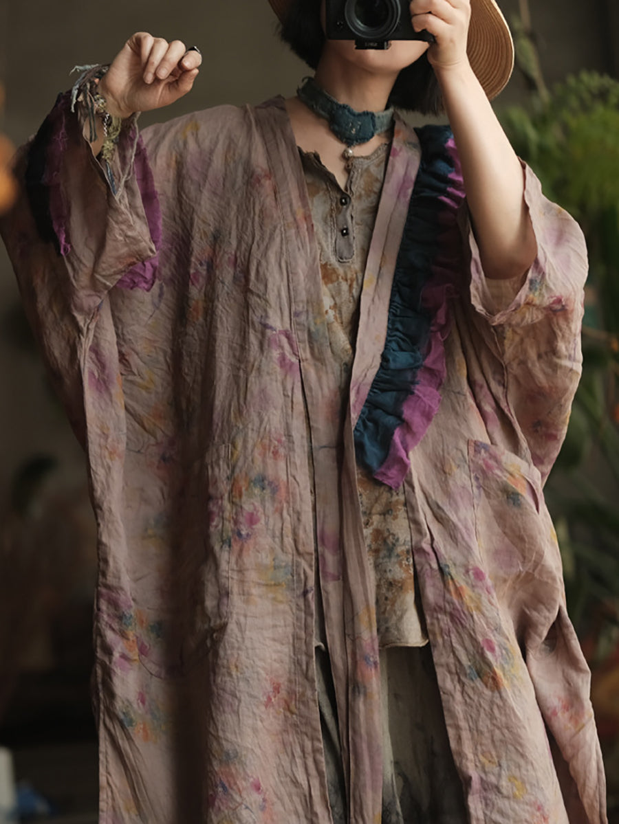 Women Summer Vintage Flower V-Neck Ramie Shirt Coat