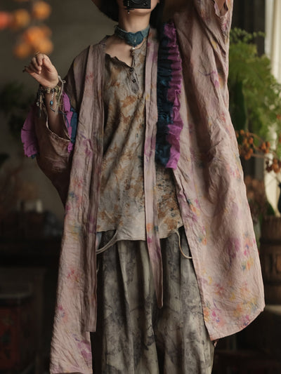 Women Summer Vintage Flower V-Neck Ramie Shirt Coat