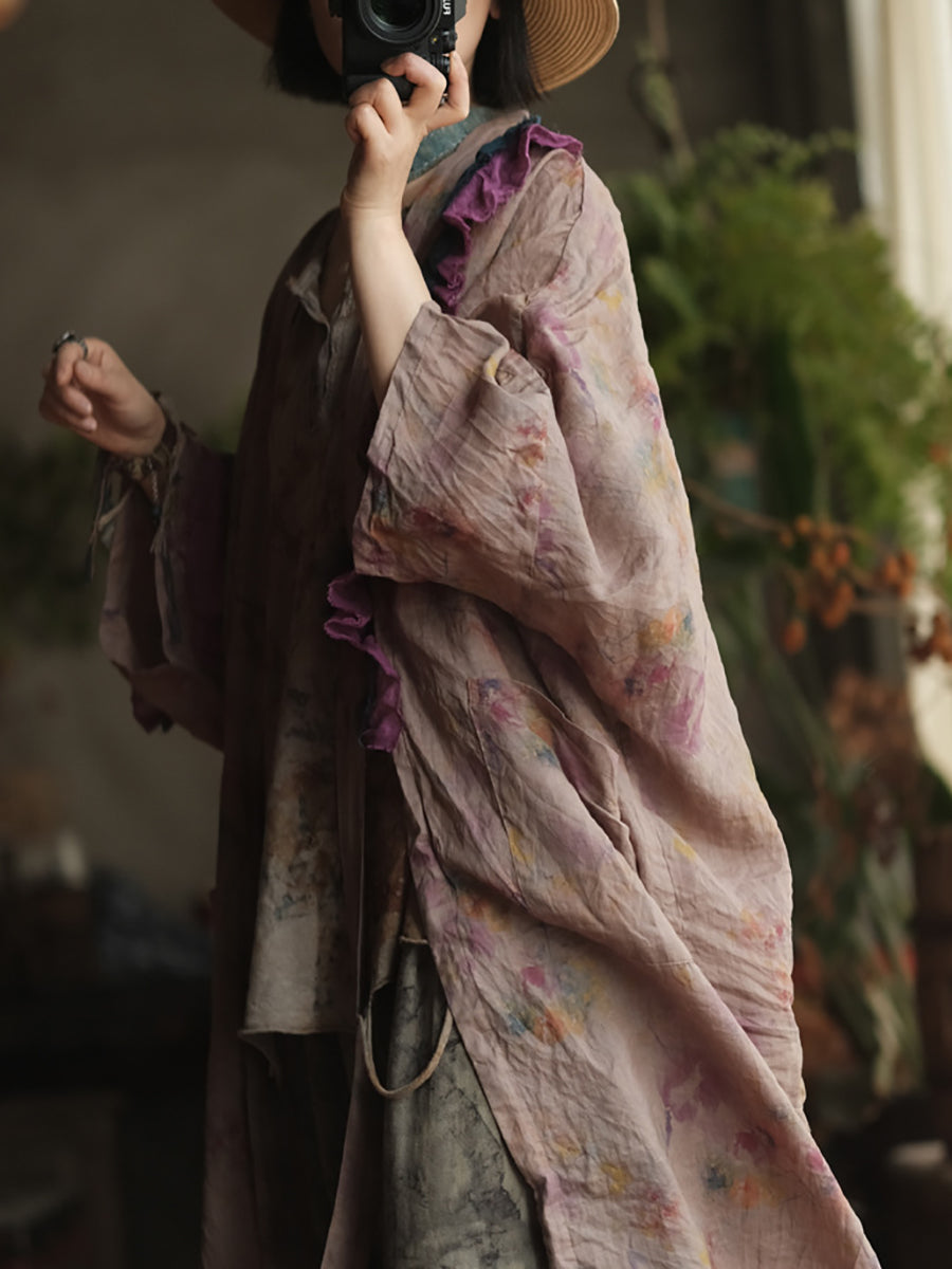 Women Summer Vintage Flower V-Neck Ramie Shirt Coat