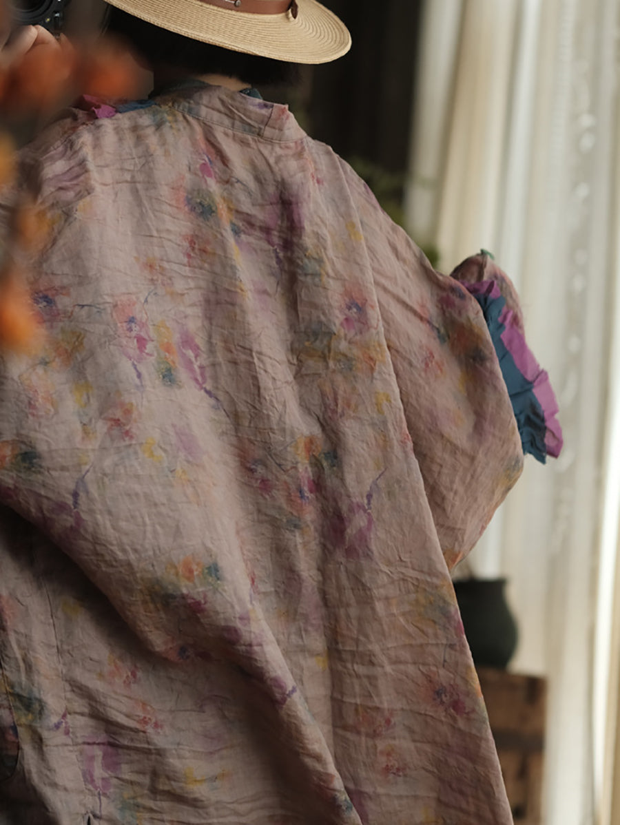 Women Summer Vintage Flower V-Neck Ramie Shirt Coat