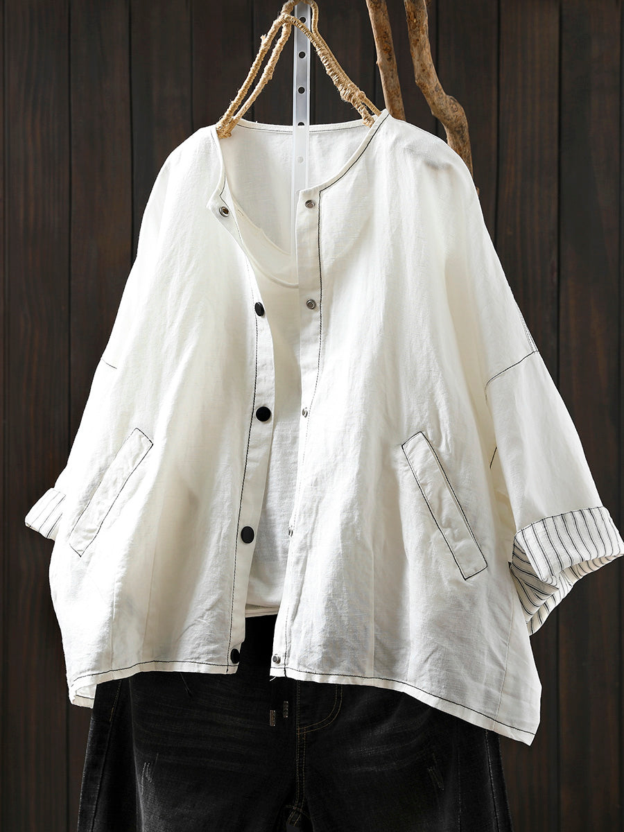 Women Summer Artsy Stripe Knitted O-Neck Linen Shirt